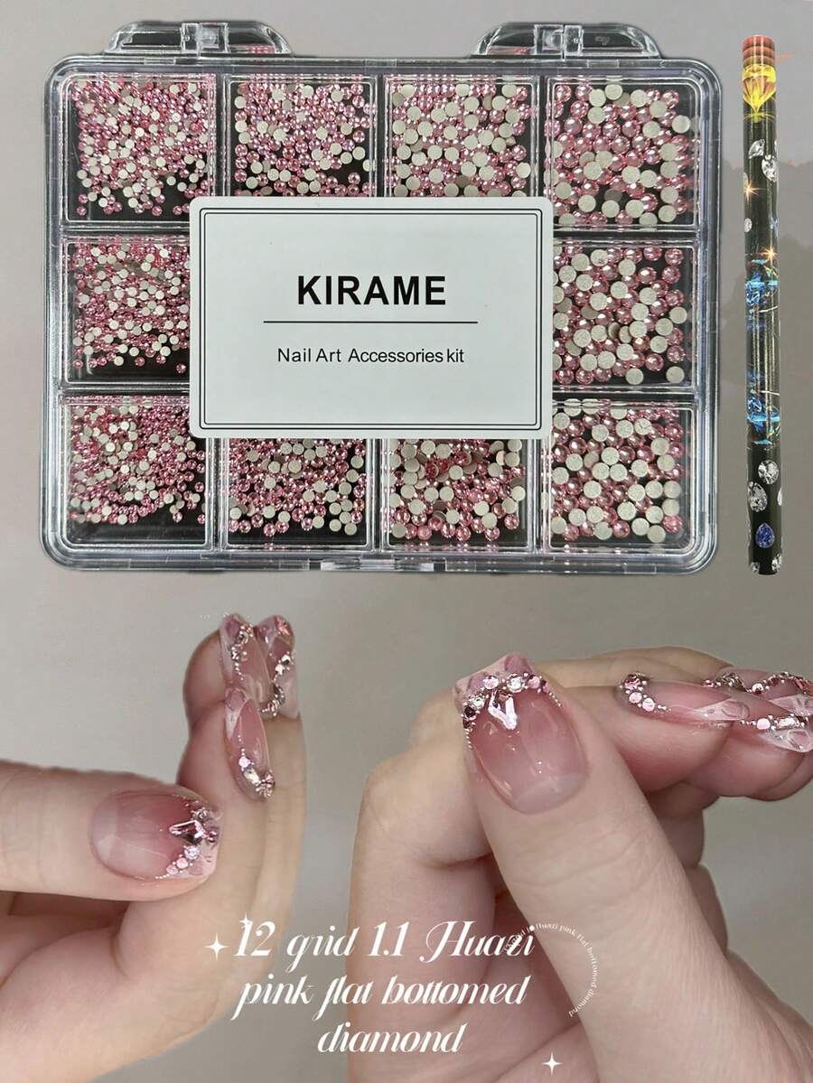 KIRAME 1800顆粉色平底圓形水鑽，高品質超亮美甲水鑽套組，含1件點花工具，1-5mm閃亮美甲水晶，適用DIY居家美甲、美甲沙龍、美甲用品、萬聖節美甲、節日禮物