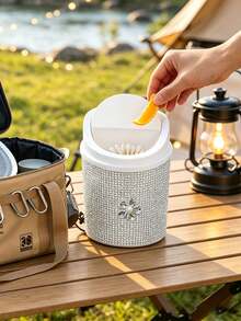 1pc Mini Desktop Storage/Car Trash Can With Lid, Makeup Brush Holder; Exquisite Home Decor; Stationery Storage; Decorated With Diamond Flower; Luxury Diamond Desktop Storage; Cylindrical Trash Can, Suitable For Home, Office, Kitchen, Bedroom, Dressing Table. Home Decor, Dressing Table And Other Daily Necessities, Back To School Season Must-Have. Camping Must-Have - Multicolor - View 3
