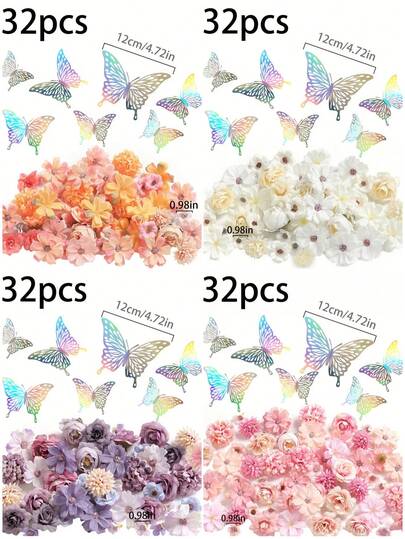 32pcs Artificial Flower And Butterfly DIY Graduation Cap Decoration Set, Includes Realistic Flower Heads And 3D Butterfly Ornaments, Suitable For Home, Wedding, DIY Crafts, All Seasons, Perfect Gift