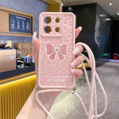 1pc Fashionable Leopard Print Bow Design With Adjustable Shoulder Strap Hemp Rope Pink Eye Stair Diamond Sand Phone Case For Android S26Ultra S25Ultra S24Ultra S23Ultra/ A54 A55 A57 A37/ Note 14 Pro 5G/HONOR/, Anti-Drop Anti-Slip Phone Protective Shell