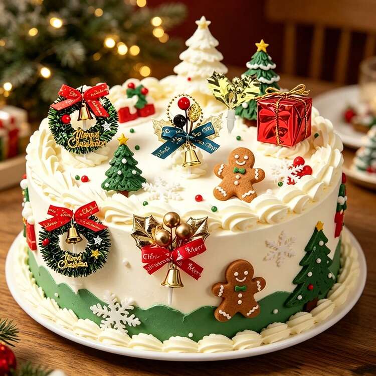 19件組時尚雙色聖誕蛋糕裝飾：經典花環搭配各式蝴蝶結、冬青葉與鈴鐺 - 彩色 - 查看 5