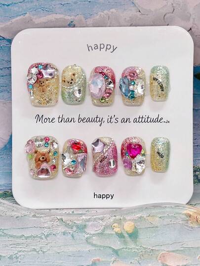 10Pcs Handmade Short Square Glitter Acrylic Press On Nails Set, Glossy Full Cover Fake Nails 3D Teddy Bear Colorful Rhinestone Heart Star, Cute Kawaii Nail Tips For Women Girls Party Back To School Gift