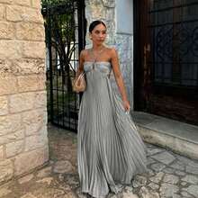 Summer New European And American Pure Color Strapless Pleated Sleeveless Dress - 銀灰色 - 查看 1