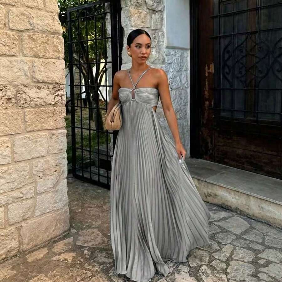 Summer New European And American Pure Color Strapless Pleated Sleeveless Dress - 銀灰色 - 查看 1