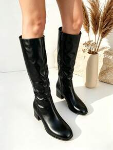Women's Low Block Heel Tall Boots With Side Zipper, Perfect For Any Outfit - Black - View 2