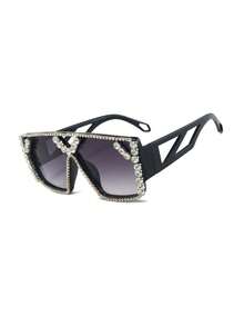1PC Women's New Double Bridge Square Frame Full Rhinestone Sunglasses, Cool Vintage Textured Daily Casual Street Commute Driving Travel Beach Vacation Photo Versatile Fashion Accessory - Multicolor - View 11