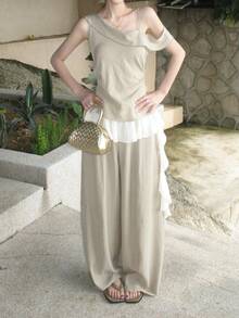 Women's Summer Drapey Straight Leg Casual Pants, Design-Focused Wide Leg Loose Fit Slimming Versatile Airy Pants - Light Brown - View 3