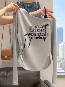 Minimalist Elegant Asymmetrical Shoulder T-Shirt For Women, Drawstring Ruched Waist, Slimming Elegant Long Sleeve Base Layer Casual - Light Grey - View 4