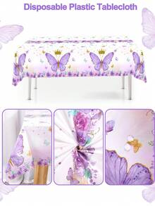 1Pc Disposable Plastic Tablecloth,Purple Butterfly Pattern Rectangle Table Cover For Princess Theme Bridal Shower Baby Shower Birthday Party Decor - Multicolor - View 4