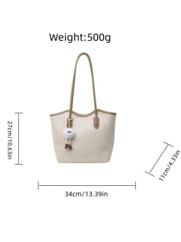 Tas Tote Bahu Wanita, Warna Polos & Dua Warna, Gantungan Boneka Monster Mewah, Penutup Resleting, Kapasitas Besar, Cocok untuk Perjalanan, Kantor Sehari-hari & Belanja - Khaki - View 9
