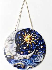 Hexenstil Sternenhimmel Boho runder Holz Wandbehang Dekoration, handbemalte 3D geprägte goldene Sonnenfigur, schlafender Sichelmond, Sterne und blaue Wellen geschnitzte Plakette, geeignet für Astrologie-Enthusiasten spirituelle Heimdekoration, Schlafzimmer Lounge Wanddekoration - Verschiedenfarbig - Übersicht 6