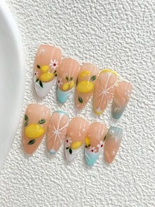 10Pcs Gentle Summer Style Handmade Press On Nail,Polygel Nail Set,Lemon Pearl Pattern,Yellow And Blue Nail Polish,Seaside Vacation Style,Includes Nail Tools,3 Sizes Available,Almond Nails,Duck Nails,Coffin Nails For Party,Dance,Daily Wear. - 彩色 - 查看 3