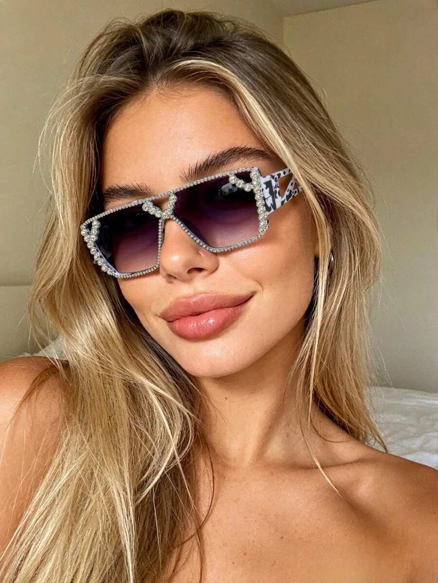 1PC Women's New Double Bridge Square Frame Full Rhinestone Sunglasses, Cool Vintage Textured Daily Casual Street Commute Driving Travel Beach Vacation Photo Versatile Fashion Accessory - Multicolor - View 1