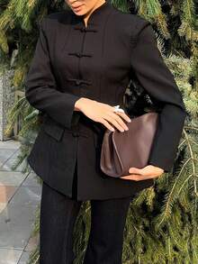 Women's Elegant New Chinese Style Stand Collar Frog Button Waist-Cinching Jacket (With Shoulder Pads) Solid Color Versatile Commute Office Daily Date - Black - View 7
