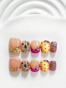10件可愛手工穿戴式美甲，波麗膠美甲套組，波點與水鑽設計，黃色與洋紅色指甲油，甜美風格，含美甲工具，3種尺寸可選：方形、短方形、杏仁形，適合派對、舞蹈、日常配戴 - 彩色 - 查看 2