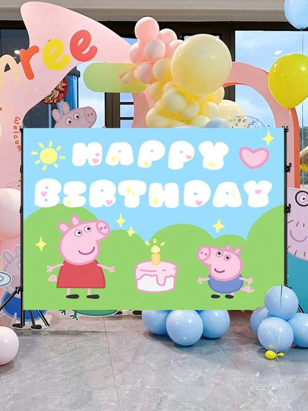 Peppa Pig Theme - Birthday Celebration Background Cloth In Light Blue With Rainbow In Three Sizes - OPP Bagged Version - Suitable For First Birthday Parties, Birthday Decorations, Dessert Tables, And Atmosphere-Enhancing Party Hangarows