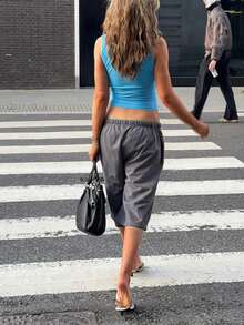DOUCIU Hot Girl Block Color Spaghetti Strap Tank Top Sexy Slim Daily Streetwear - Blue - View 4
