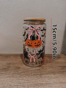 Halloween Rosa Schleife Kürbis & Fledermaus Muster Transparenter Glasbecher mit Bambusdeckel + gebogener Glasstrohhalm, große Kapazität Zuhause Eiskaffee Saft Kaltgetränk Becher, Halloween Party Feiertagsgeschenk Wasserbecher - Verschiedenfarbig - Übersicht 5