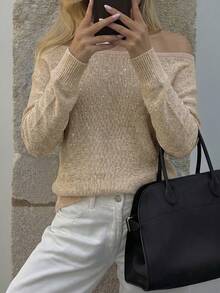 Live To Mo Autumn Y2K Women's Casual Open Shoulder Knit Top, Fashionable Sequin Sweater, Suitable For Back To School And Daily Wear - Khaki - View 10