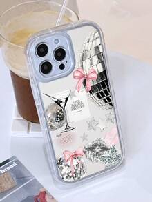1pc American Retro Party Style Disco Ball Bow Cocktail Glass Pentagram Red Lips Pattern Mirror Full Coverage Soft Phone Case Suitable For IPhone 11/12/13/14/15/16/17 Pro Max - Multicolor - View 2