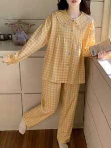 2pcs/Set Women's Pajamas Loungewear Set, Peter Pan Collar Plaid Print Korean Style Long Sleeve Long Pants, Comfortable For Home Wear - Yellow - View 4