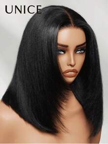 UNice Peruca Bob Yaki Reta 7x5 Bye Bye Knots com Frente de Renda Sem Cola, Cordão, Pré-Camadas, Pré-Aparada, Pré-Arrancada, Pré-Descolorida, Preto Natural, 100% Cabelo Humano, com Camadas que Emolduram o Rosto, Pronta para Usar, Curta, Densidade 180% - Natural Black - Visão 7