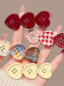 2PCS Vintage Plaid Heart Button Hair Clips For Women, 3 Heart Button Side Clips, Plaid Print Bangs Clips, Contrast Color Button Hair Clips, Versatile Hair Clips - White - View 3