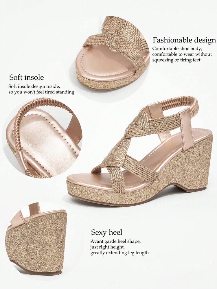 صنادل نسائية أنيقة، كعب إسفين ذهبي شامباني بتصميم متقاطع ملتوي ومجدول، حزام خلفي مطاطي مفتوح الأصابع مع نعل سميك لامع، مناسبة للأعراس والحفلات والتنقل إلى المكتب والارتداء اليومي الصيفي - لون شمبانيي - مشاهدة 10