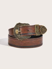 1pc Western Style Embossed Gold-Trimmed Heavy Craftsmanship Accessory Belt, Made Of Premium PU Material, Suitable For Daily Wear, Bohemian Style, Halloween - Brown - View 10