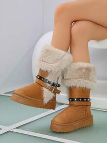 Women's Rivet Belt High-Top Snow Boots, Thick Sole Thermal Lined Warm Long Boots - Camel - View 5