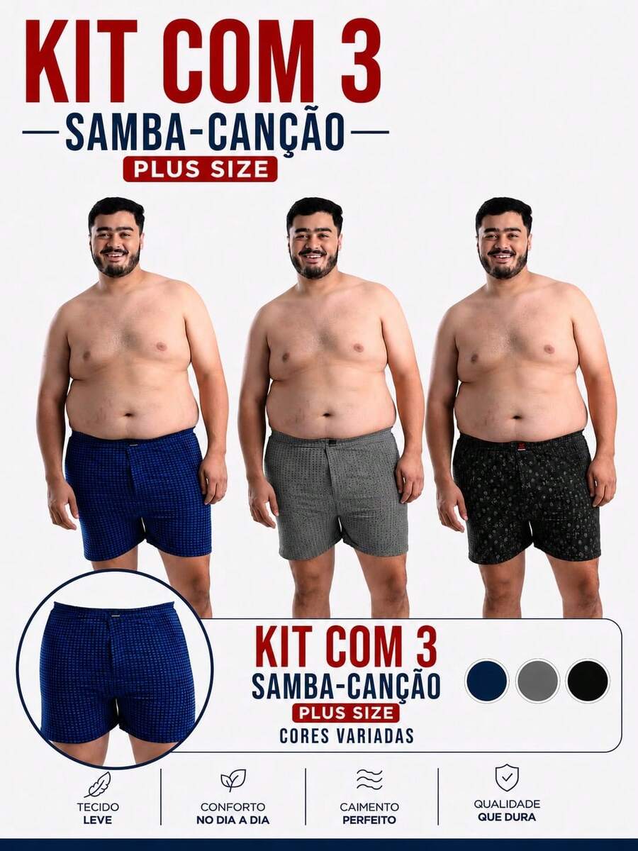 Kit 3 Cuecas Boxer Samba Canção Plus Size em Liganete em 4 Costuras Short Extra Grande Masculino Adulto Confortável