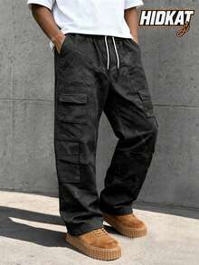 Hidkat Men's Camouflage Cargo Pants, Multi-Pocket Loose Fit Straight Leg Outdoor Hiking Casual Long Pants - Black - View 1