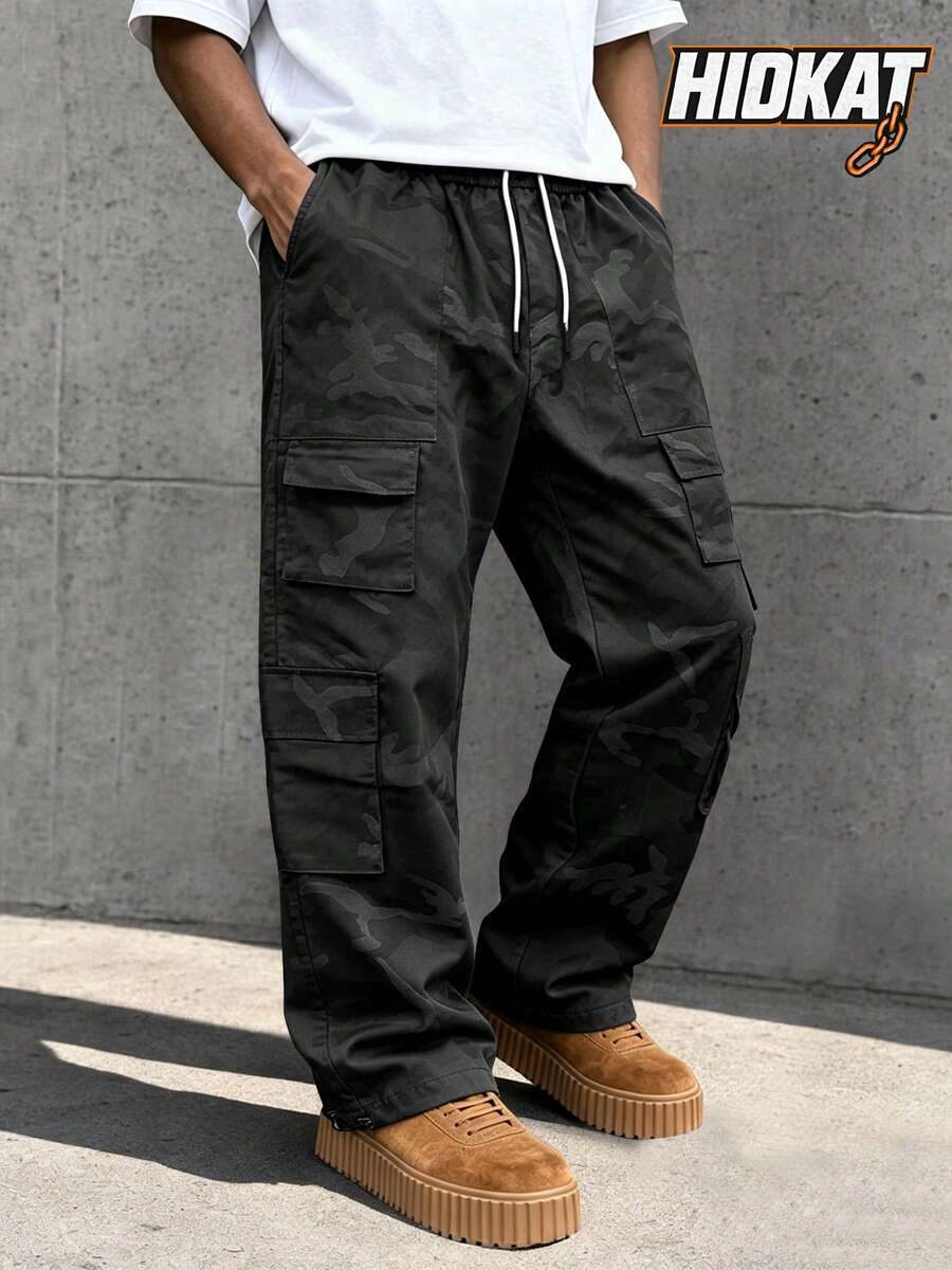 Hidkat Men's Camouflage Cargo Pants, Multi-Pocket Loose Fit Straight Leg Outdoor Hiking Casual Long Pants - Black - View 1