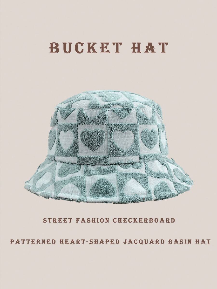 1pc Sun Wave Casual Streetwear Polyester Shell Jacquard Decor Bucket Hat, Geometric 3D Pattern, Spring Summer Autumn Winter - Heart Grey-green Mint - View 1