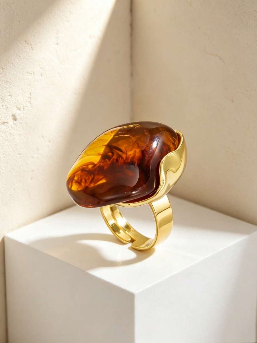 JOJELOO 1PC Vintage Asymmetrical Amber Ring, Geometric Open Adjustable Band, Elegant Women's Fashion Jewelry - Ring - View 1