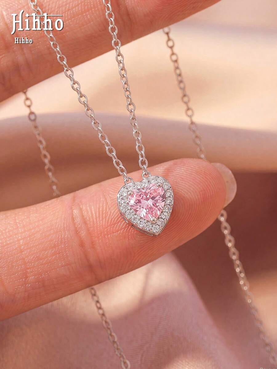 Hihho 1 件粉色心形彩色方晶锆石项链,可爱优雅的女士锁骨链,送给女友的完美礼物,适合派对和日常佩戴 - 銀色 - 查看 1