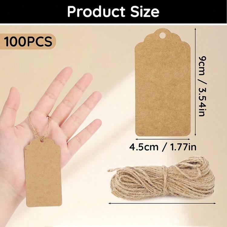 100/50入聖誕禮物吊牌附65英尺麻繩，個性化卡紙吊牌帶孔，牛皮紙標籤，適用DIY手工藝、婚禮聖誕禮物包裝復古標籤 - 查看 4