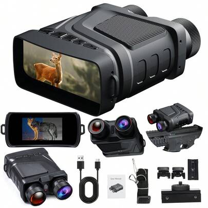 Binóculos com visão noturna 1080p. Equipados com função infravermelha digital, tela LCD de 3 polegadas, ampliação óptica de 4x, zoom de 5x, visão noturna infravermelha de 7 níveis, suportam cartão TF de até 128 GB e incluem trilho adaptador. Ideais para aventuras ao ar livre, camping e viagens.