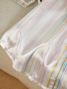 Summer Satin Casual Striped Print Lapel Front Button-Down Patch Pocket Short Sleeve Nightgown For Women, Suitable For Autumn - Multicolor - View 7