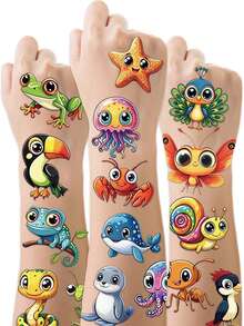 STARTTOOS 4 Sheets 36pcs Cartoon Cute Jungle Ocean Insect Small Animal Combination Pattern Temporary Tattoo Stickers, Suitable For Children DIY Birthday Party Christmas Gift Holiday Activity Waterproof Realistic Tattoo Stickers - Multicolor - View 2