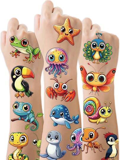 STARTTOOS 4 foi cu 36 bucăți de stickere tatuaj temporar cu modele combinate de desene animate drăguțe cu junglă, ocean, insecte și animale mici, potrivite pentru copii, DIY, petreceri de zi de naștere, cadou de Crăciun, activități de vacanță, impermeabile, aspect realist