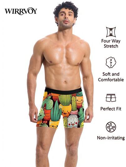 1Pc Men's Boxer Briefs, Dark Base Cute Cartoon Potted Cactus Full Print, Kawaii Plant Novelty Style Underwear For Daily Casual Wear