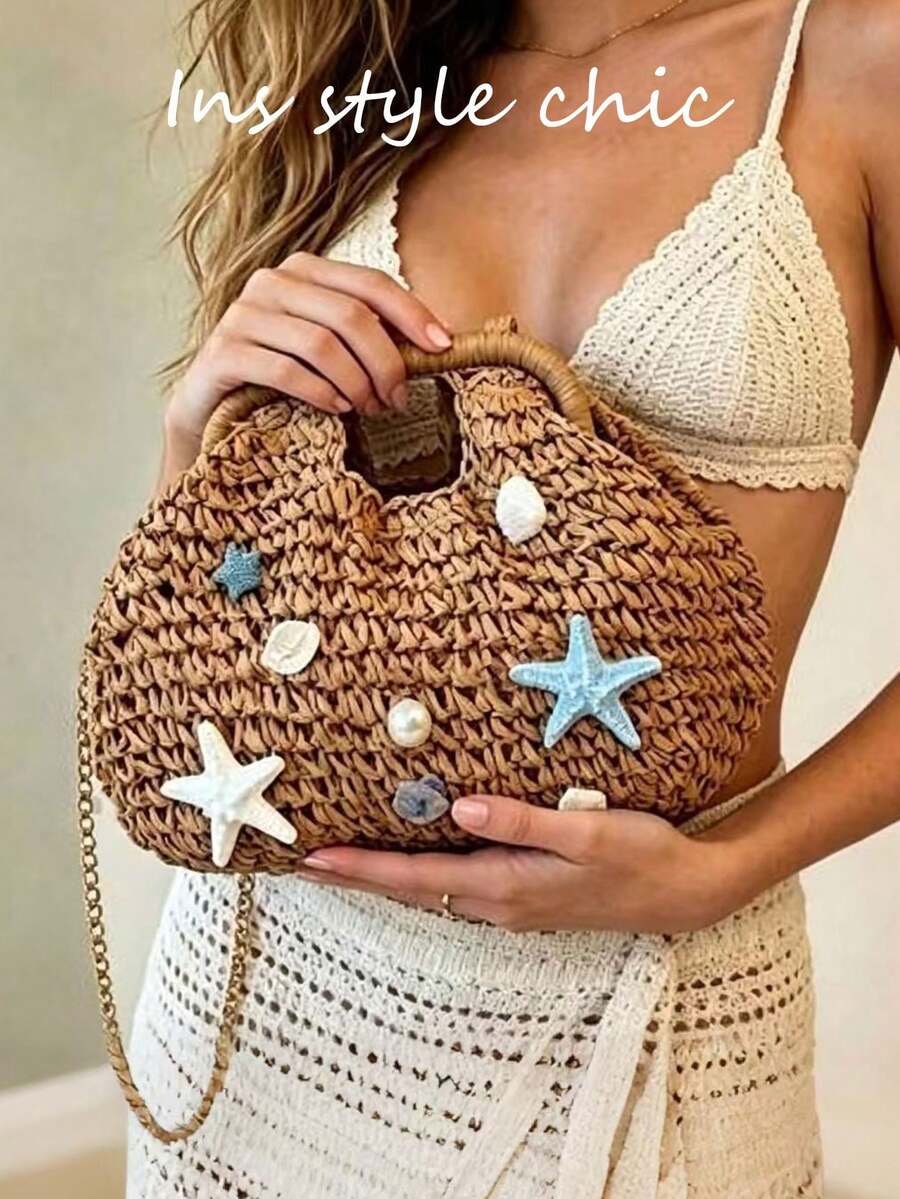 Beach Woven Handbag, Starfish Shell Pearl Decorated Rattan Handle Bag, With Detachable Metal Chain Shoulder Strap, Suitable For Summer Vacation - Khaki - View 1