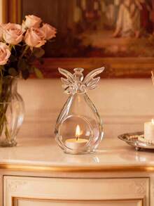 1pc Modern Transparent Glass Angel Candle Holder With Wing Design, Round Decorative Vase, No Battery Required, Home Centerpiece Decor, Ambient Lighting, Angel Shaped, Exquisite Holiday Gift - Multicolor - View 7
