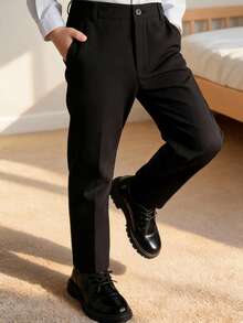 Boys Solid Slant Pocket Straight Leg Trousers - Black - View 1