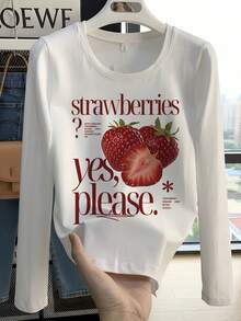 American Vintage Strawberry Print Fitted Long Sleeve Crew Neck Design Early Autumn Brightening Slimming Gentle Style Base Layer Top - White - View 2