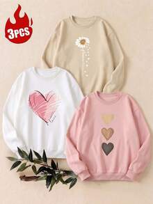 3pcs/Set Kaos Lengan Panjang Kasual Wanita Model Kerah Bulat - Motif Cetak, Kain Nyaman & Lembut, Dapat Dicuci dengan Mesin, Atasan Musim Gugur/Musim Dingin - MultiWarna - View 2