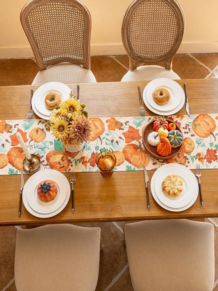 1pc Thanksgiving Table Runner, Orange Pumpkin And Maple Leaf Print Pattern, Rectangular Table Runner, Washable, Coffee Table, Shoe Cabinet, Sideboard, Cabinet Cover, Room Decor, Home Decor, Suitable For Kitchen, Dining Room, Dinner, Party, Holiday, Celebration Decoration, Thanksgiving Decor, Autumn Decor, Thanksgiving Decoration Supplies - Multicolor - View 8