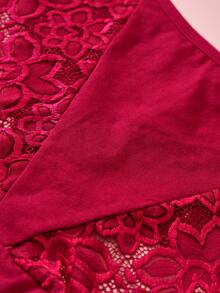 Rosiemei 1PC Plus Size Women's Sexy Burgundy Lace Panties With Floral Print - Red - View 8