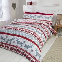 Scandi-Inspired Red Brushed Cotton Duvet Cover Set – Reversible Nordic Reindeer & Knit Mittens Design | Soft, Warm & Cozy Feel | Button Closure For Secure Fit | Includes 1 Pillowcase | Machine Washable For Easy Care | Available In Single, Double, Kin - Red - View 7